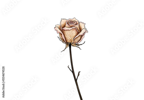 Dried rose drawing. It is a colored sketch of a dried rose, depicting faded petals and a slender stem, symbolizing enduring beauty. Vector sketch line art draw.