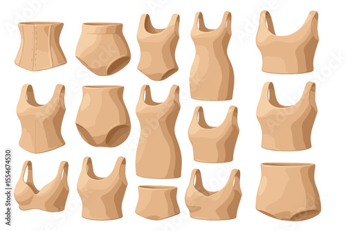 Beige women's shapewear collection displayed on seamless background