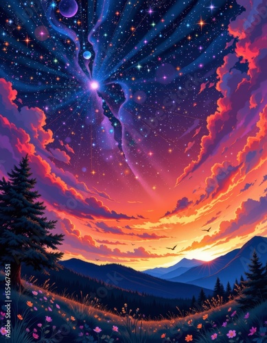 Pixel Art Sunset Landscape with Vibrant Galaxy and Mountains