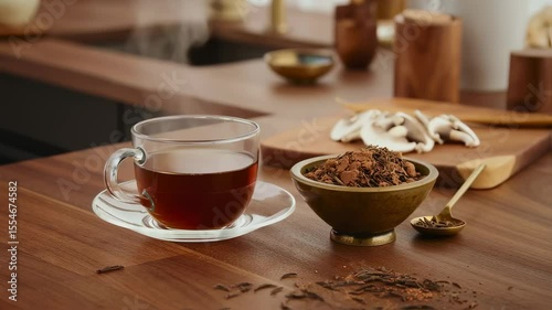 A Cozy Moment: A Steam Rising from Herbal Tea with Dried Ingredients on Wooden Table