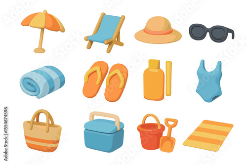 Colorful beach set with umbrella, chair, hat, sunglasses, towel, and flip-flops