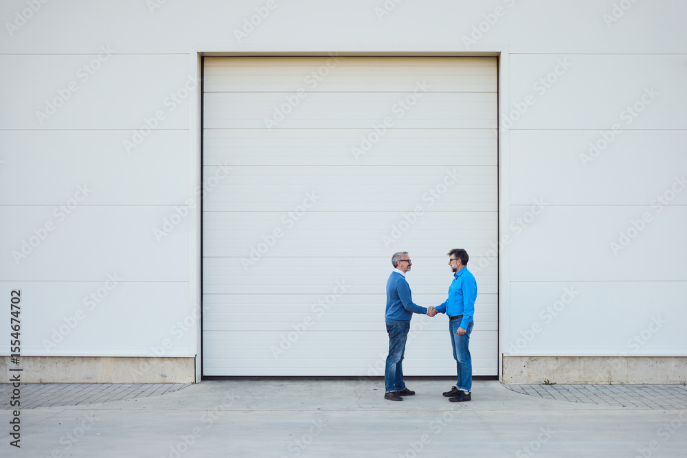 Fototapeta premium Two Businessmen Shaking Hands in Front of a White Industrial Building