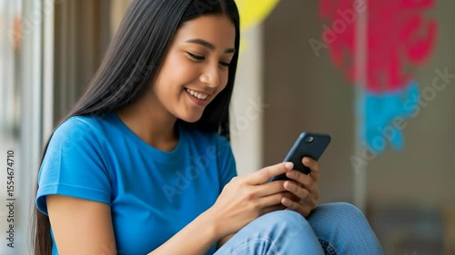 Smiling Asian woman wearing a blue t-shirt, engrossed in her smartphone, symbolizing digital connectivity and modern mobile communication.


