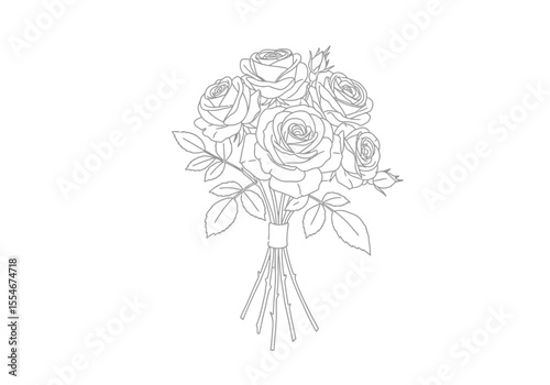 Rose flower bouquet drawing. It is a black and white outline image of a rose flower bouquet, featuring multiple blooms and leaves. Vector sketch line art draw.