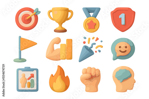 Colorful achievement icon set featuring trophies, medals, and target symbols