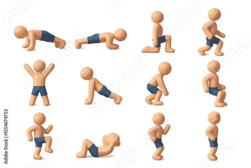 Cartoon figures exercising in various poses wearing blue shorts