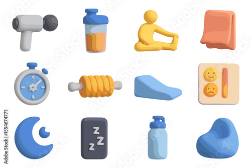 Colorful 3d fitness and relaxation icons - exercise, hydration, meditation
