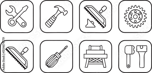Workshop Icon Collection in Black Outline with DIY Equipment and Repair Elements