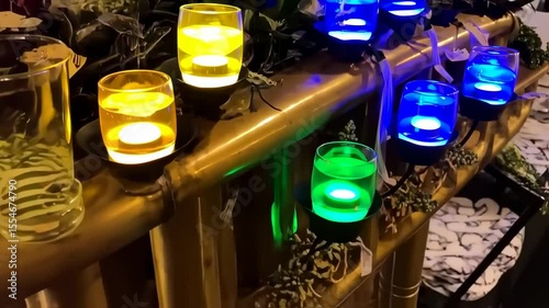 Colorful Illuminated Candles Surrounded by Lush Greenery Creating a Mood of Serenity and Calmness
