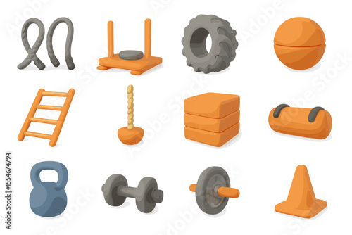 Colorful set of fitness equipment icons on gradient background