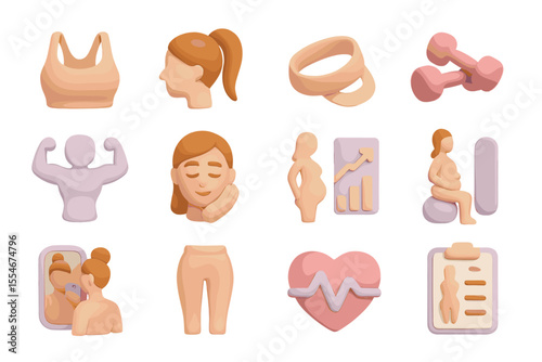Female fitness and health icons with exercise and wellness symbols