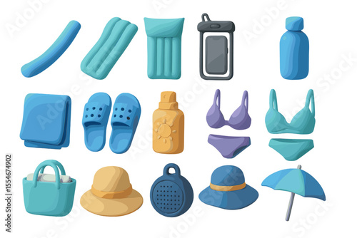 Summer beach essentials - swimwear, accessories, sunscreen, hat, umbrella