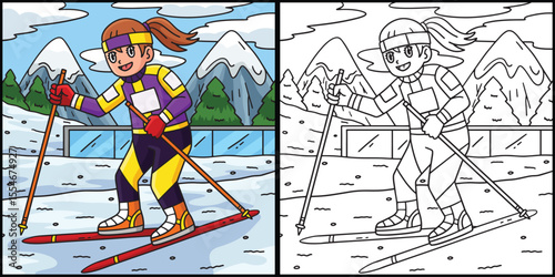 Female Biathlete Skiing Coloring Illustration 