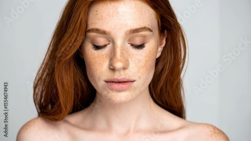 Close up of a fair skinned woman with freckles and long red hair looking at camera with light blue eyes, beauty portrait with simple background