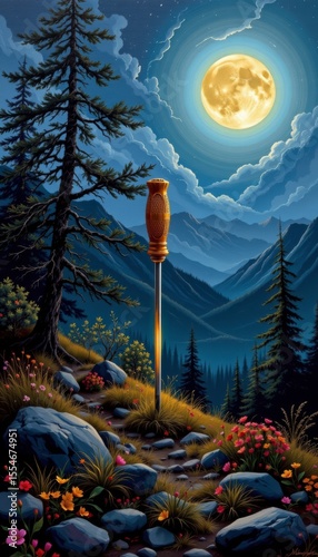 Glowing Screwdriver on Mountain Path at Night Under Full Moon