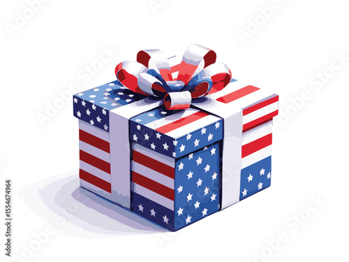 american flag and independence themed gift box with ribbon vector