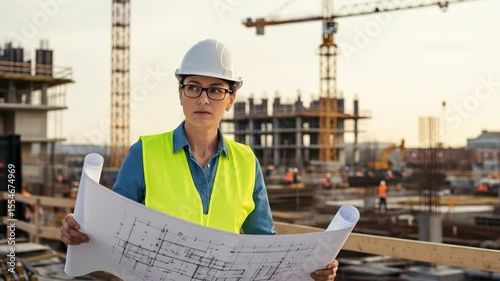Female construction engineer in a hard hat and safety vest, holding blueprints and overseeing a large building site with cranes, symbolizing leadership and planning