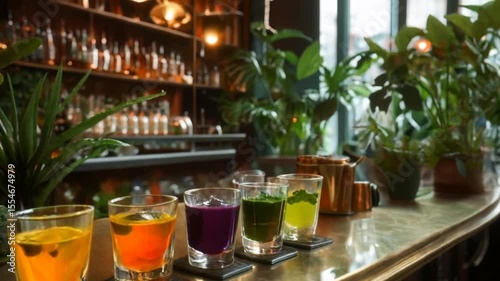 Vibrant Collection of Colorful Cocktails Posing Elegantly on a Rustic Bar Counter