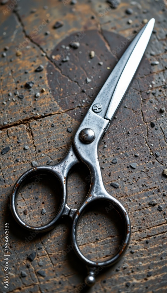 Obraz premium Vintage Metal Scissors on Rustic Wooden Surface