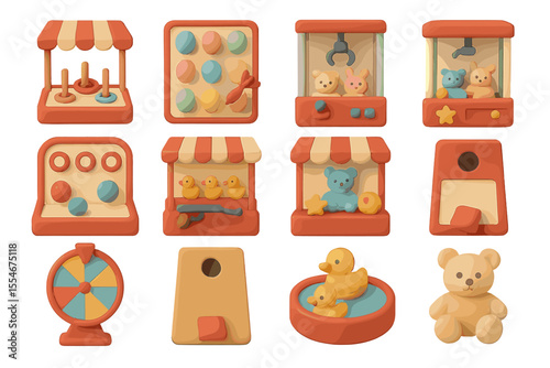 Cute vintage carnival game icons with toys and prizes in pastel colors