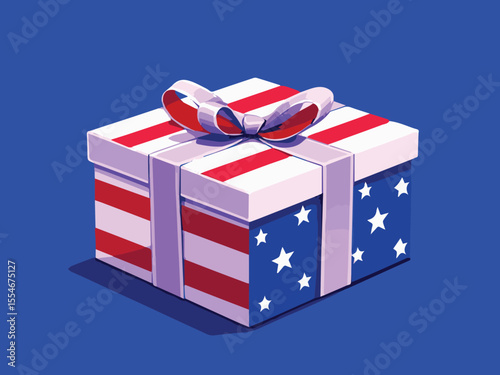 american flag and independence themed gift box with ribbon vector