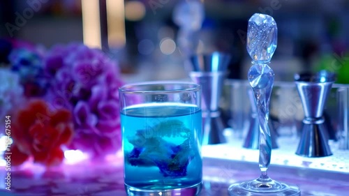 Aesthetic Blue Beverage Presentation with Crystal Spoon and Floral Accents in Modern Bar Setting