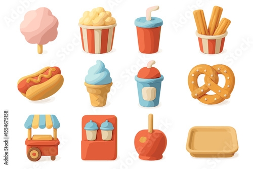 Colorful cartoon food icons featuring snacks and drinks in soft tones