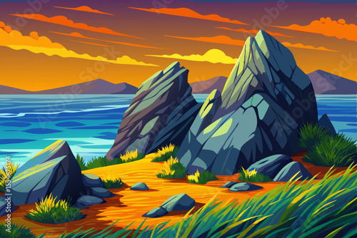 Coastal grassland landscape with volcanic rocks and sea breeze, beautiful beach