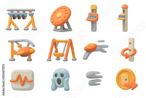 Colorful 3d icons featuring toys, rides, and ghost emoji designs