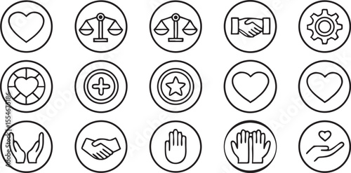 Values Icon Collection in Black Outline Style with Heart Balance Morals and Ethics Icons