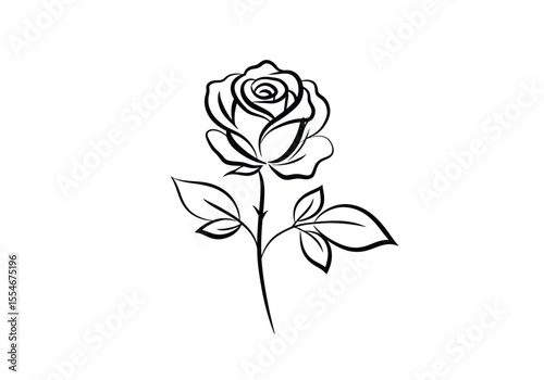 Abstract rose drawing. It is a black and white outline image of an abstract rose, featuring bold, flowing lines and a simple design. Vector sketch line art draw.