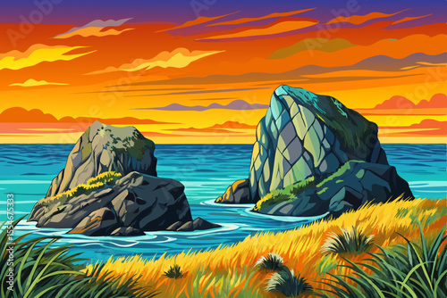 Coastal grassland landscape with volcanic rocks and sea breeze, beautiful beach