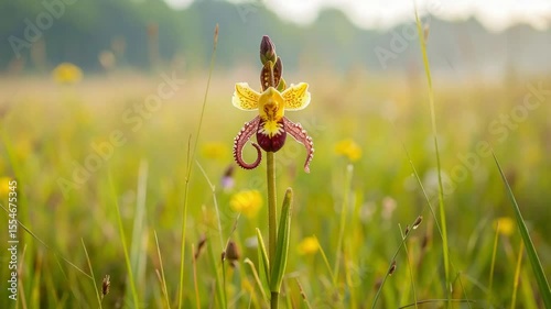 Solitary orchid stands tall in a vibrant green meadow