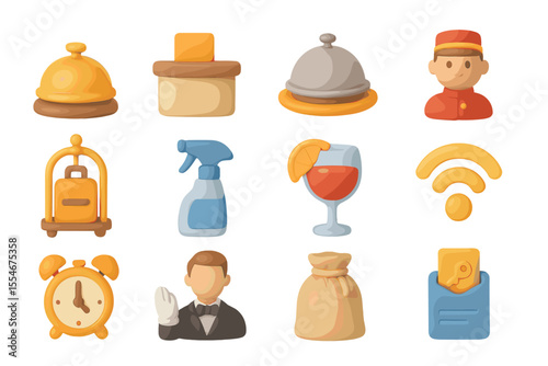 Hotel service icons set: bell, porter, drinks, room keys, wi-fi, alarm clock