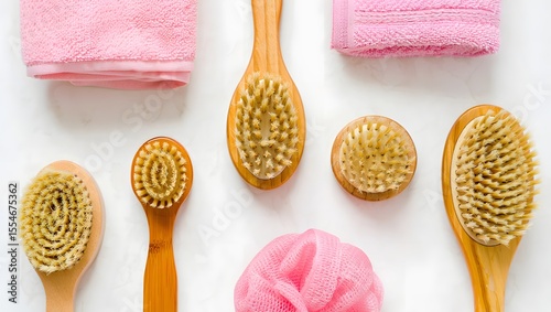 Wooden Bath Brushes and Pink Towels on White Tile