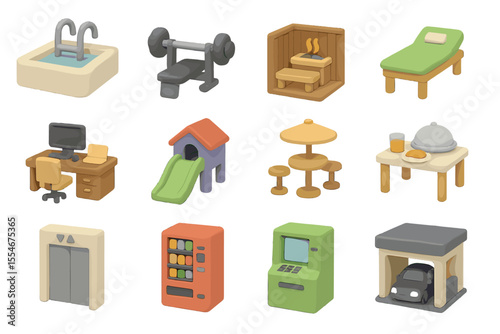 Isometric icons of gym, sauna, office, playground, and more