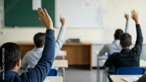 Rear view of students with raised hands in a bright classroom, actively participating in a lesson, symbolizing education, engagement, and learning.

