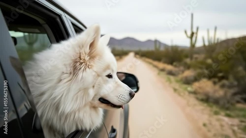Majestic white fluffy dog with head out a car window, enjoying a drive on a desert road with cacti, symbolizing freedom, adventure, and pet travel