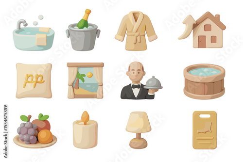 Hotel amenities icons: bathrobe, spa, fruit, candle, service, beach view
