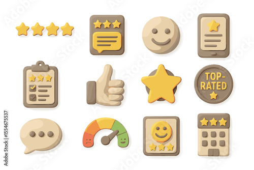Golden rating icons set with stars, thumbs up, and reviews