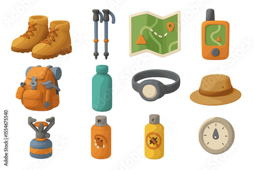 Colorful hiking gear collection featuring essential outdoor equipment