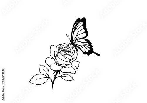 Butterfly on rose drawing. It is a black and white outline image of a butterfly perched on a rose, symbolizing beauty and transformation. Vector sketch line art draw.