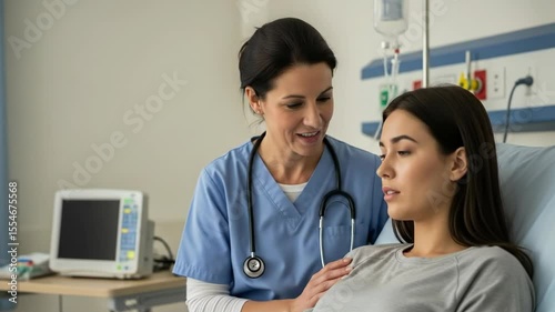 Compassionate female nurse in blue scrubs consulting with a young female patient lying in a hospital bed, symbolizing healthcare and patient support.

