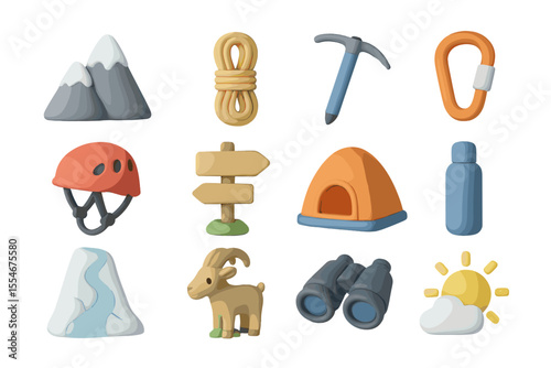 Colorful hiking gear and mountain equipment icons collection