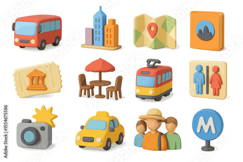 Colorful travel icons featuring transport, maps, and landmarks