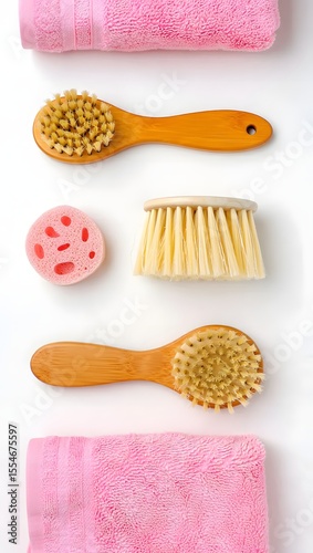 Wooden Bath Brushes and Pink Towels on White Tile