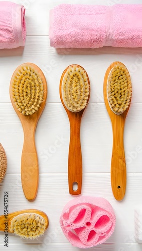 Wooden Bath Brushes and Pink Towels on White Tile