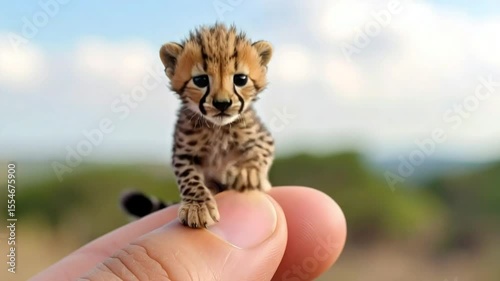 Tiny cheetah cub held on a finger