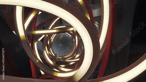 An abstract view of a spiraling light installation featuring dynamic curves and contrasting colors.