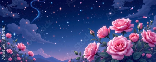 Pink Roses Under a Starry Night Sky